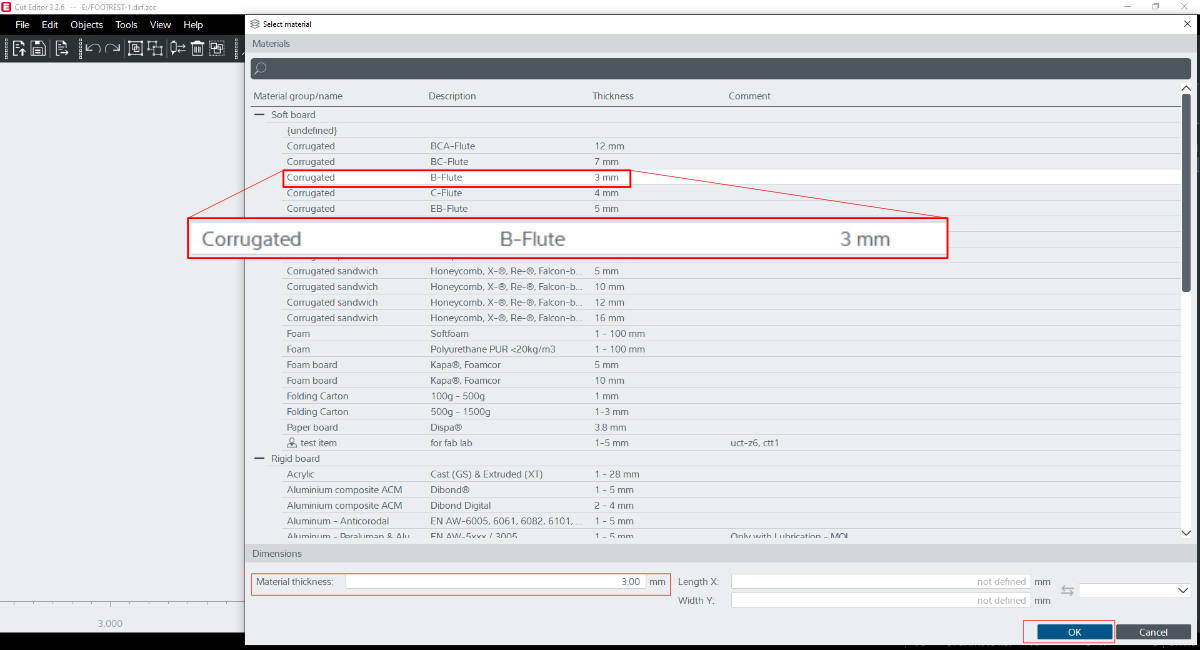 Choose the material to be cut in the Material dialog box. I am using Soft Board > Corrugated B-Flute 3 mm.